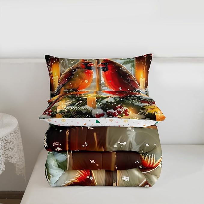 Feelyou Merry Christmas Kids Comforter Set Queen Size Cardinal Bedding Set Winter Bird Duvet Quilt for Kids Boys Girls Bedroom Red Berries Decor Microfiber Ultra Soft Breathable