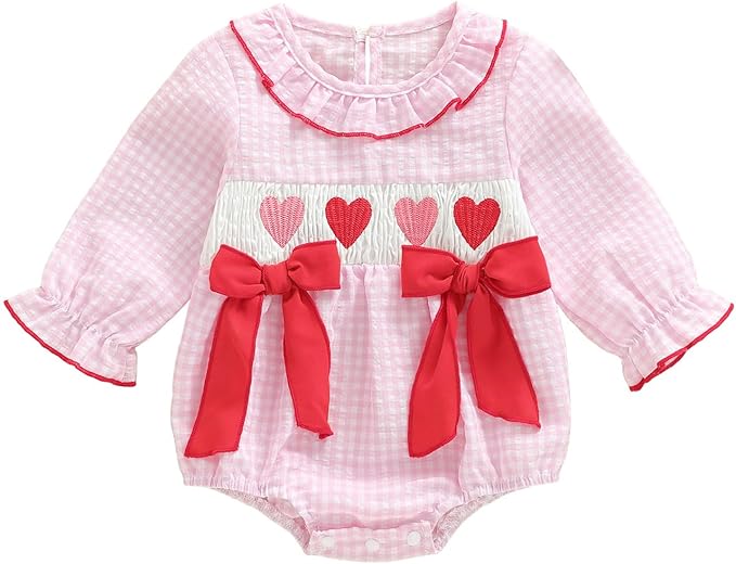 Amiblvowa Baby Girl Valentines Day Outfit Embroidery Love Heart Smocked Bubble Romper Bodysuit Cute Infant Newborn Clothes