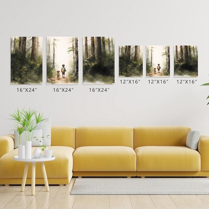 Boy and Dog Nursery Wall Art, Set of 3 Rustic Woodland Nursery Wall Decor, Little Boy and Puppy in the Forest Adventure Kid Wall Art Print, Outdoor Landscape Toddler Room Decor for Boys, Framed 12"x16"x3