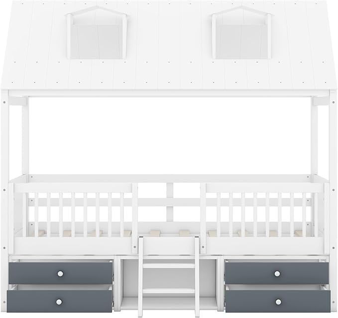 Merax Wood Montessori House Bed Frame with Roof and Windows for Boys Girls Teens, Twin Kids Playhouse Bed with Guardrails and Storage Drawers for Children's Room, Bedroom, Wood Slats Support, White