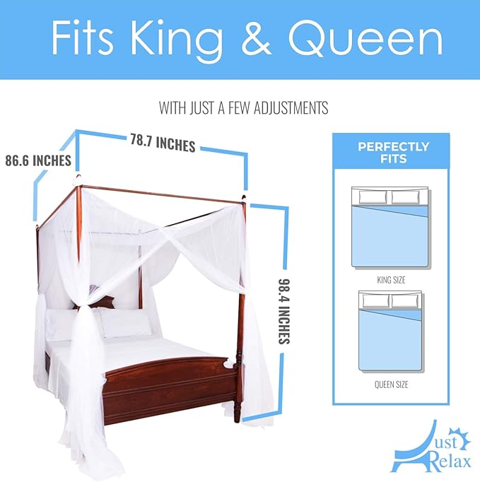 Just Relax Four Corner Post Elegant Mosquito Net Bed Canopy Set, White, Full/Queen/King, 86.6x78.7x98.4 Inches