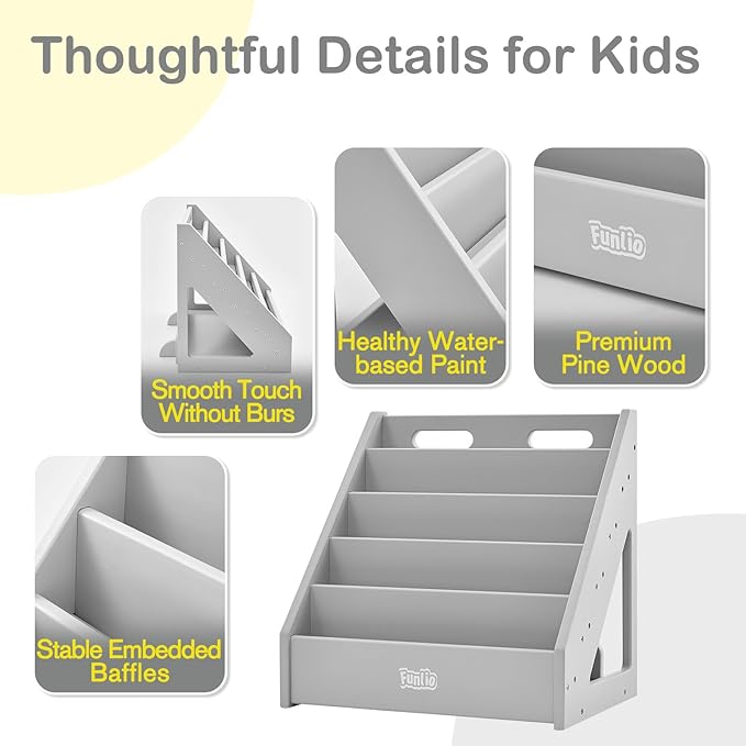 FUNLIO Montessori Bookshelf for Toddlers 1-5 Years, Front-Facing Kids Bookcase with Handle & Anti-Tilting Device, Premium Pine Baby Bookshelf, Children's Bookcase for Nursery/Classroom - Grey