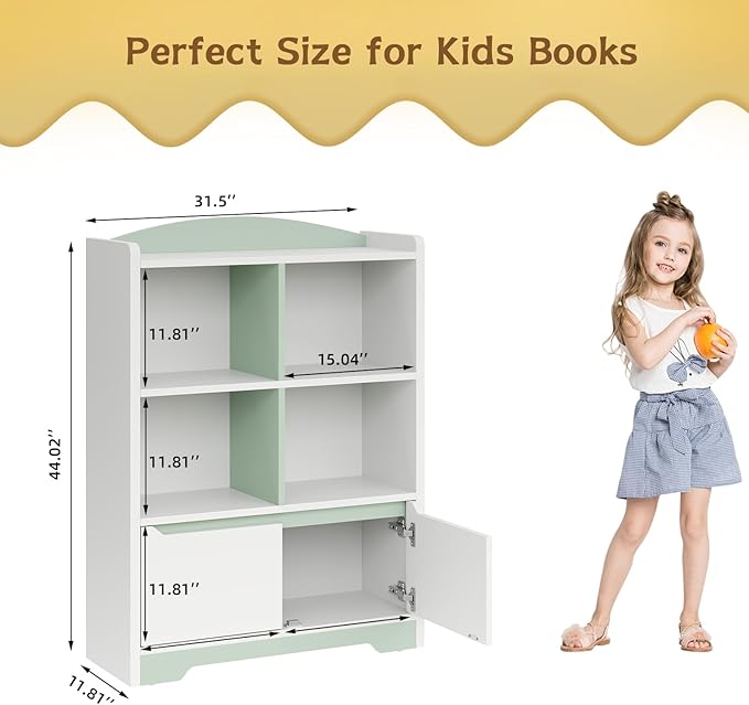 Kids Bookshelf and Toy Organizer, 2 Tier Kids Book Shelf for Kid Rooms with 2 Doors, 4 Cubes Storage Organizer,Wood Children Bookcase,Freestanding Toddler Book Display Shelf for Playroom