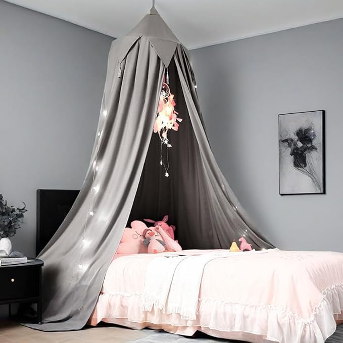 Akiky Toddler Bed Canopy for Kids with Lights,Princess Dream Catcher for Girls Reading Nook Bed Tent for Toddlers Boys,Adults,Bedroom Decor(Gray)
