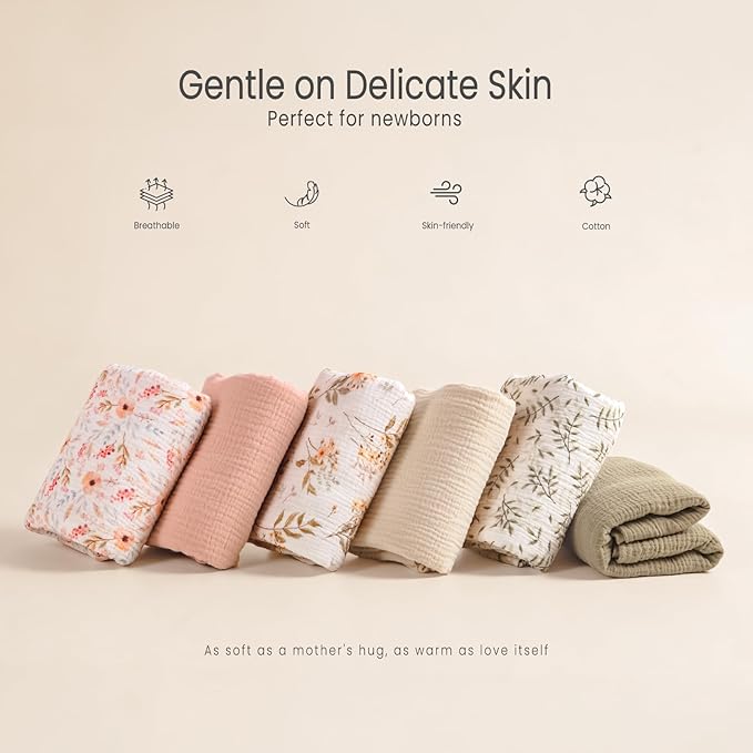 lulumoon Muslin Swaddle Blankets for Baby: Soft Cotton Newborn Receiving Blankets - Floral Print Nursery Gift Set for Baby Girls(Sand Flower)