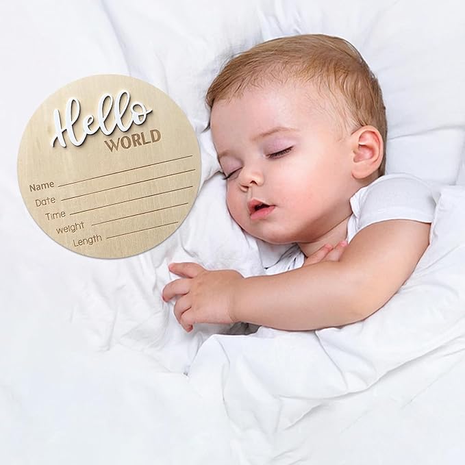 Baby Announcement Sign, 5.9 Inch Wooden Hello World Newborn Signs, Birth Announcement Sign, Baby Shower Hospital Nursery for Newborn Boys and Girls (White,Pen)
