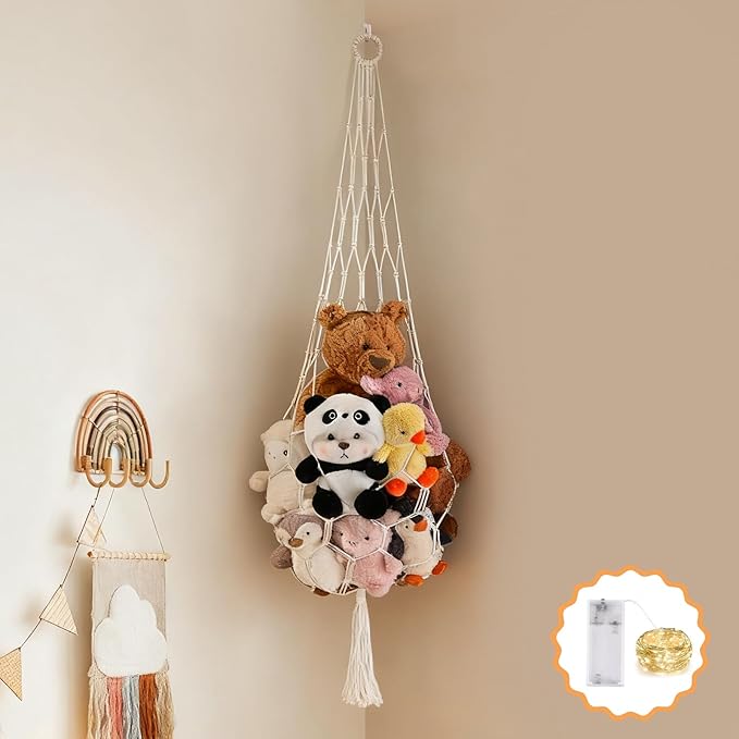 Stuffed Animal Hammock Corner Net with LED Light Plushies Storage Hammock for Stuffed Animals Boho Room Decor Macrame Wall Decor