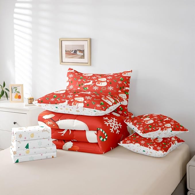 Red Christmas Comforter Set With Sheets 7 Piece King Size Cartoon Deer Snowman Bed in a Bag Kids Boys Girls New Year Red Bedding Set Reversible Xmas Decor Bedroom Decor Breathable Soft Lightweight