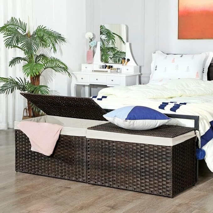 SONGMICS Storage Basket with Lid, 42.3 Gallon (160L) Storage Bin, Woven Blanket Storage Basket with Handles, Foldable, Removable Liner, Metal Frame, for Bedroom, Laundry Room, Brown URST76BR