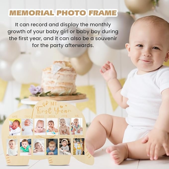 My First Year Picture Frame, Baby’s First Year Photo Display Wood Board 12 Months Milestone Board Birthday Baby Keepsake Nursery Decor Gift for Boy Girl(SIZE:Elephant)