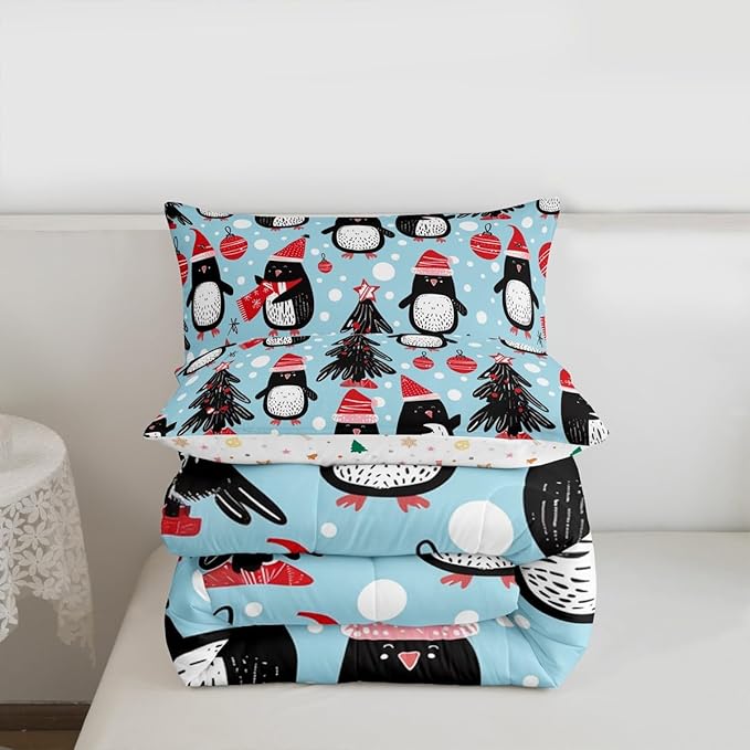 Feelyou Christmas Comforter Set All Season Penguin Bedding Set with 2 Pillow Cases Xmas Tree Microfiber Kids King Bedclothes Christmas Balls Bedroom Decor Duvet Quilt Breathable Soft Lightweight
