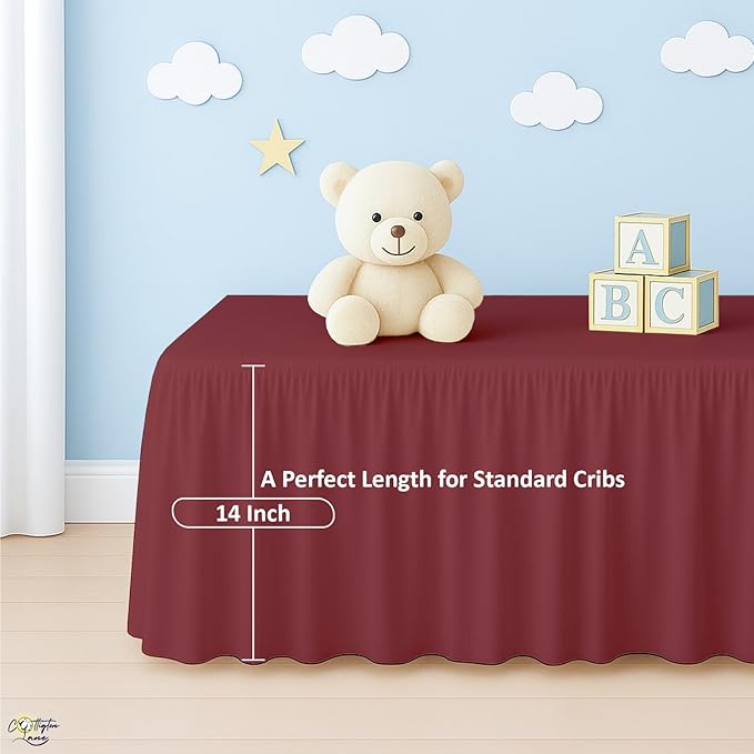 Cottington Lane Burgundy Crib Skirt Dust Ruffle, 100% Natural Cotton, Soft, Durable Nursery Crib Toddler Bedding Skirt for Baby Girls or Boys, Fits Standard Cribs 28" x 52" with 14" Drop