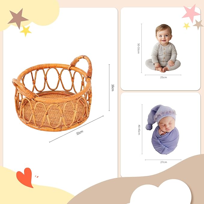 Kate Newborn Photography Props Rattan Circular Basket Handcrafted Bed Mini Bed for Baby Photography Posing Props Photoshoot