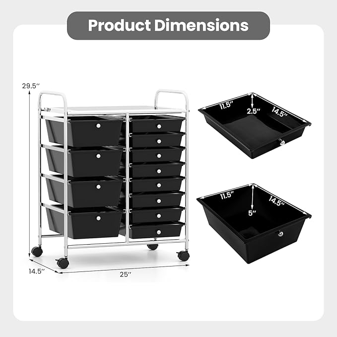 RELAX4LIFE 12-Drawer Rolling Storage Cart - Mobile Utility Drawer Carts with Wheels, Craft Organizers Cart for Classroom Organization and Storage, School, Office, Home