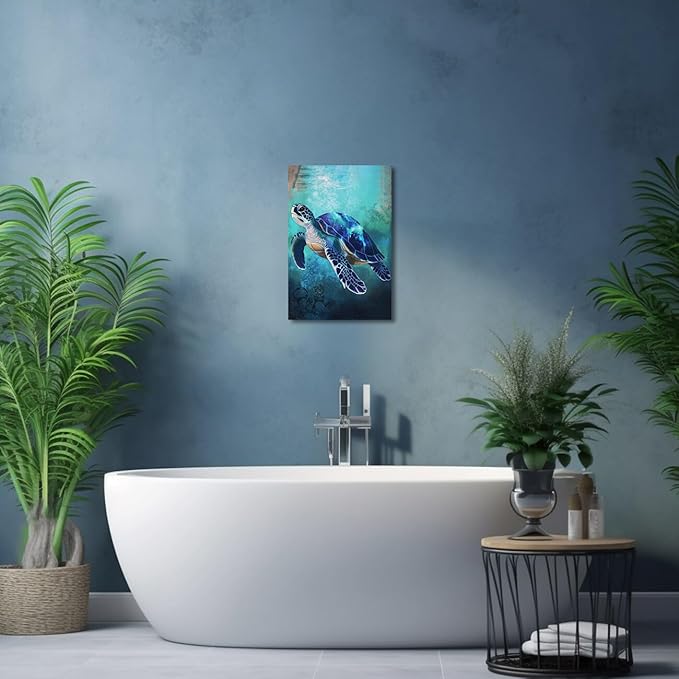 AWPANERAR Sea Turtle Wall Art Bathroom Pictures Watercolor Sea Life Canvas Prints Ocean Animal Poster Nautical Theme Artwork for Kids Room Nursery Decor Framed (Blue, (42L x 28W))