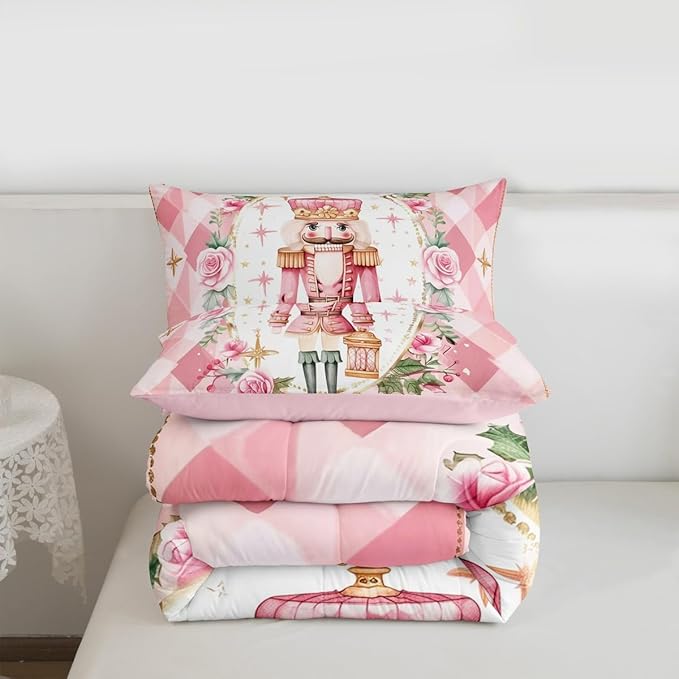 Feelyou Christmas Comforter Set Queen Size Pink Nutcrackers Bedding Set for Kids Boys Girls Floral Duvet Quilt Funny Nutcracker Bedroom Decor Rose Microfiber 3 Pcs with 2 Pillow Cases