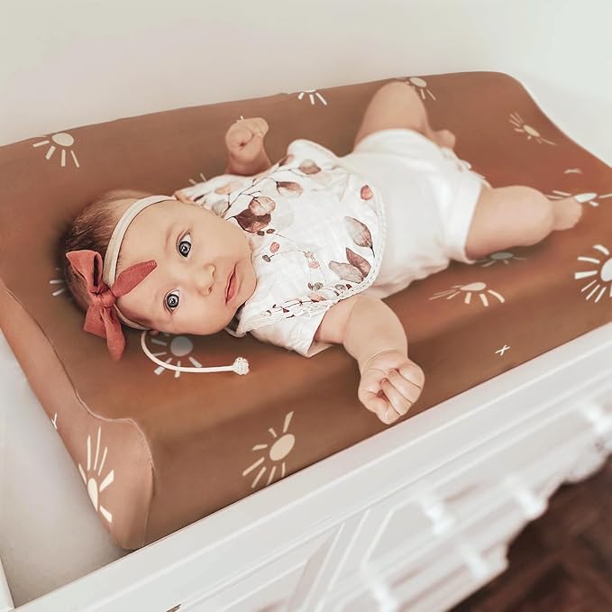 GRSSDER Stretch Ultra Soft Jersey Knit Changing Pad Cover Set 2 Pack, Change Table Pad Covers Fit 32"/34" x 16" Pads Safe and Snug, Cute Diaper Changing Pad Covers of Sunny Bear Print