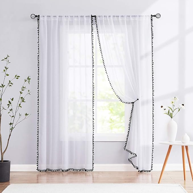 Treatmentex Black and White Sheer Curtains for Living Room 95" Long Linen Curtain Draperies for Nursery Room Decorative Pompom Voiles 2 Panels