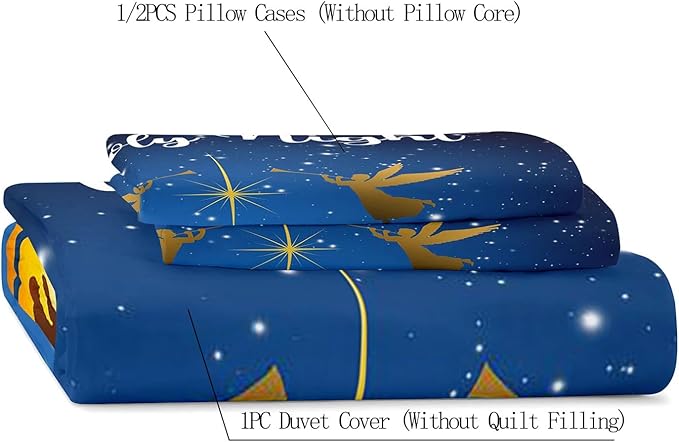 LUVIVIHOME 2PCS Christmas Duvet Cover Twin Bedding Sets, Navy Blue Duvet Cover, Galaxy Oh Holy Night Nativity Scene Angel Winter Holiday Xmas Christmas Comforter Cover, Bed in a Bag, 1 Pillow Case