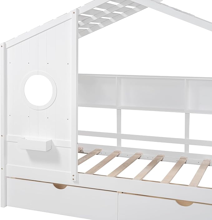 Harper & Bright Designs Twin Size Modern House Bed with Roof, Wooden Twin Size House Bed with 2 Drawers and Storage Shelf, White