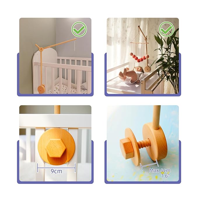 Baby Crib Mobile Arm, Unpainted Beech Wood, Rotatable Bed Mobile Holder, Adjustable Mounting Bracket