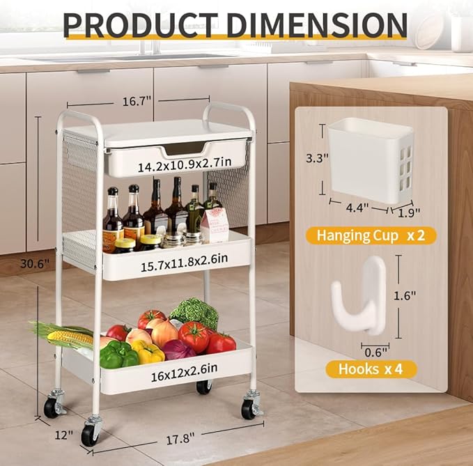 3-Tier Rolling Cart with Drawer, Metal Utility Storage Cart Organizer with Lockable Wheels&Hanging Cups&Hooks, Mobile Storage Craft Carts Trolley with Mesh Shelves for Kitchen, Office-White