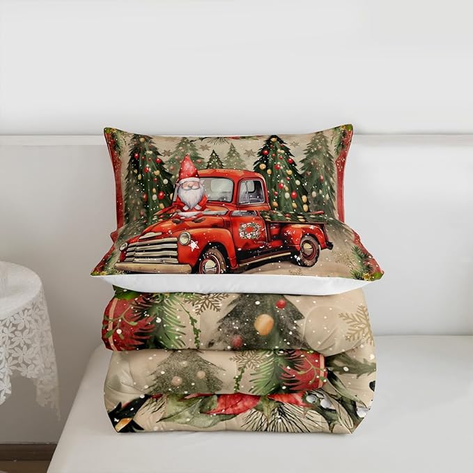 Manfei Red Truck Comforter Set Twin Size, Xmas Trees Santa Claus Snowflake Bedding Set 2pcs for Kids Boys Girls Room Decor, Christmas Theme Down Comforter New Year Quilt Set with 1 Pillowcase