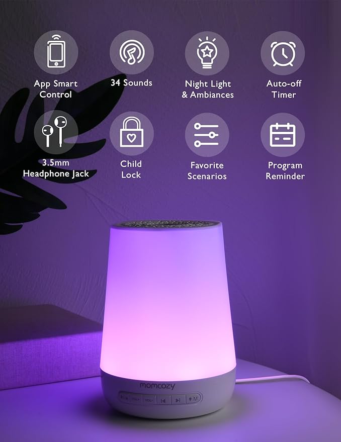Baby Sound Machine, Momcozy White Noise Machine for Baby Sleeping with Night Light, Toddler Sleep Trainer with 34 Soothing Sounds, Timer, App Remote Control, Personal Sleep Routine (Blue)