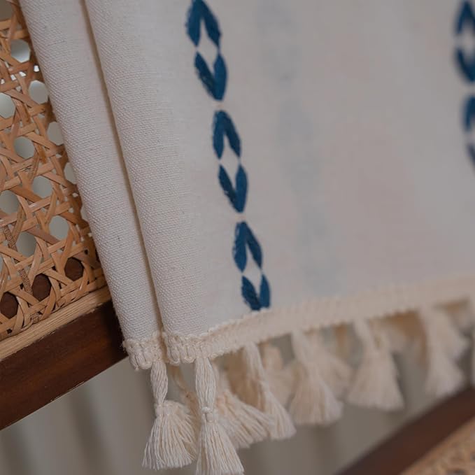 Deeprove Navy Blue Boho Curtains 63 inches Length for Kitchen, Vintage Bohemian Embroidery Farmhouse Cotton Linen Striped French Country Tassel Window Treatments Decor, W52 x L63, 1 Panel