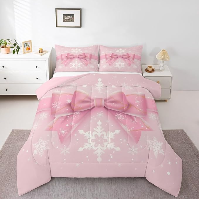 Feelyou Pink Bow Comforter Set All Season Coquette Bow Knot Bedding Set with 2 Pillow Cases Xmas Snowflake Kids King Bedclothes Cute Dreamy Princess Style Decor Christmas Duvet Quilt Soft Lightweight