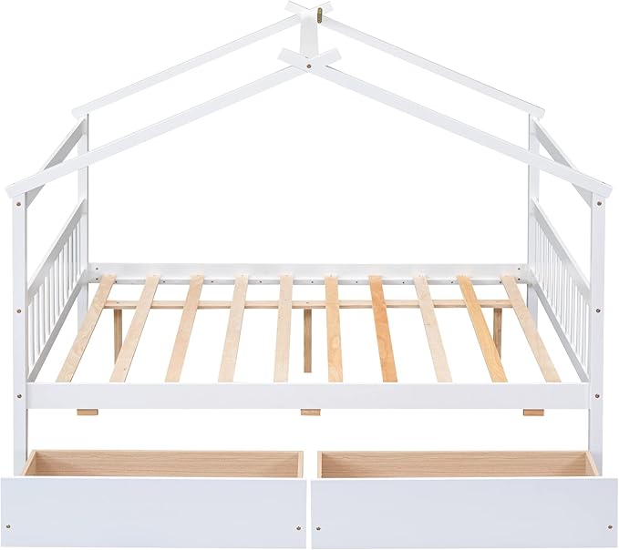 Merax Full Size Wooden House Bed with Two Drawers, Wood Bed Frame with Roof for Kids, Teens, Boys or Girls, White