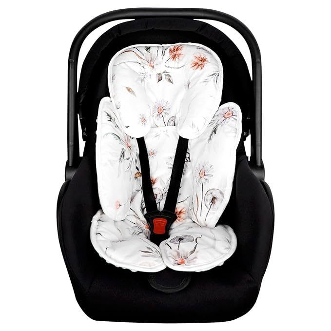 2 in 1 Infant Car Seat Insert, Car Seat Head Support Baby Girls Boys, Soft Newborn Carseat Insert Cushion, Perfect for Carseats, Strollers, Swings (White Flower)