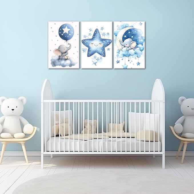 Nursery Canvas Wall Art Elephant Pictures Wall Decor Moon and Stars Painting Baby Boy Prints Cute Animal Poster Artwork for Kids Room Bathroom Decor Framed(Baby-1,11L x 14W x 3Pcs)