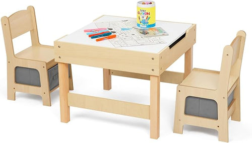 3 in1 Kids Table and Chairs Ages 3-7, Montessori Toddler Table and Chair Set with Versatile Tabletop and Storage Drawer, Kids Activity Desk for Home, Nursery and Playroom