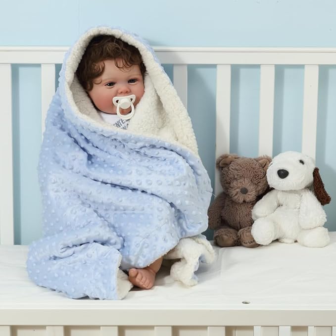 CREVENT 2Pcs 30''X40'' Cute Cozy Fluffy Warm Baby Blankets for Infants Toddlers' Bedding Crib Cot Stroller - Grey Cloud + Blue Sherpa