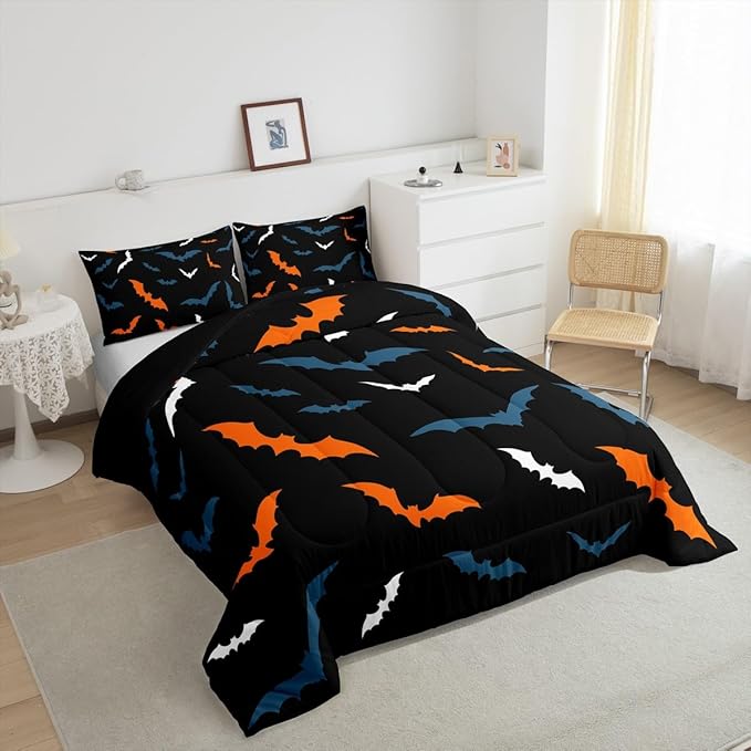 Erosebridal Bat Bedding Set for Kids Adults Boys Girls Happy Halloween Comforter Set Queen Size Gothic Spooky Quilt Orange Bats Duvet Insert with 2 Pillow Cases