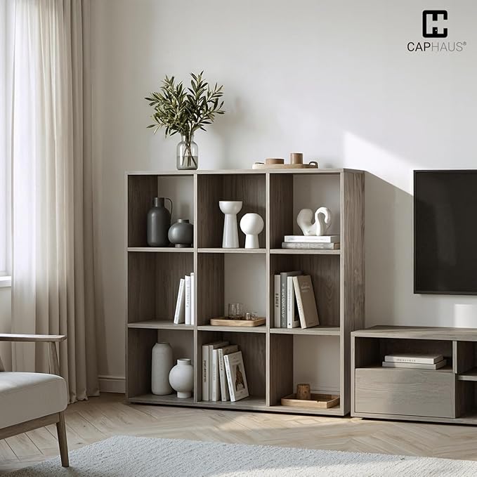 CAPHAUS 11-Inch Cube Storage Organizer Shelf, Home Storage Shelf Divider w/Back, 9-Cube Storage Bookcase, Dark Grey