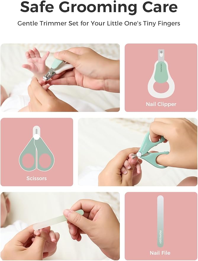 Momcozy Core Baby Kit, Baby Shower & Registry Essential Kit for Grooming&Health&Cleansing Care, Includes Nail File Kits, Nasal Aspirator, Gas Relief Tubes, Bath Brushes, Toothbrush, Comb, Storage Case