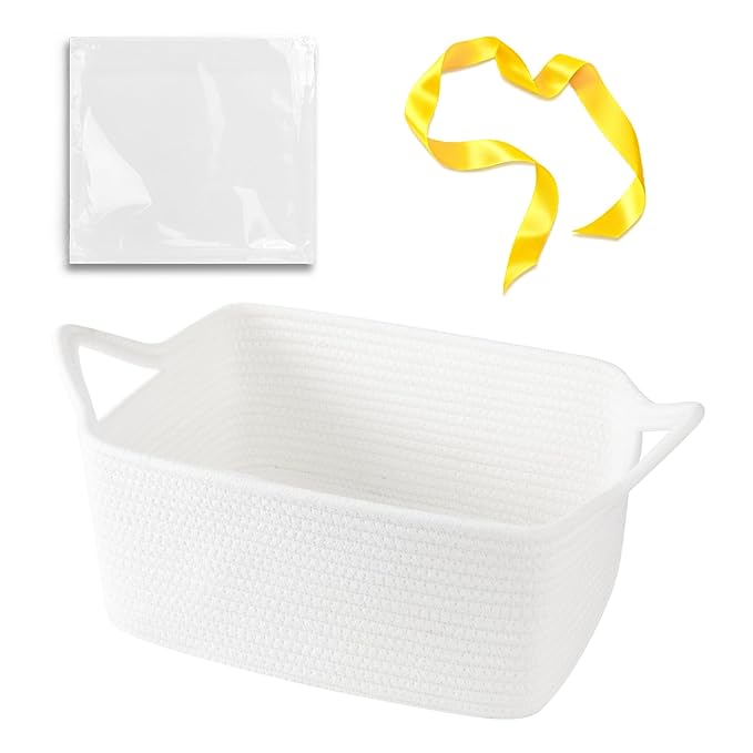 OIAHOMY Small Woven Rope Basket with Gift Bags and Ribbons, Gift Basket Empty for Baby Shower Birthday, Halloween, Christmas, Cute Cat Ear Handles for Shelf Living Room Bathroom,White