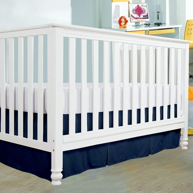 Cottington Lane Crib Bed Skirt Pleated Crib Skirt Dust Ruffle, 100% Natural Cotton, Nursery Crib Toddler Bedding Skirts for Baby Boys or Girls, 14" Soft Crib Dust Ruffle Drop Crib Skirt-Navy Blue