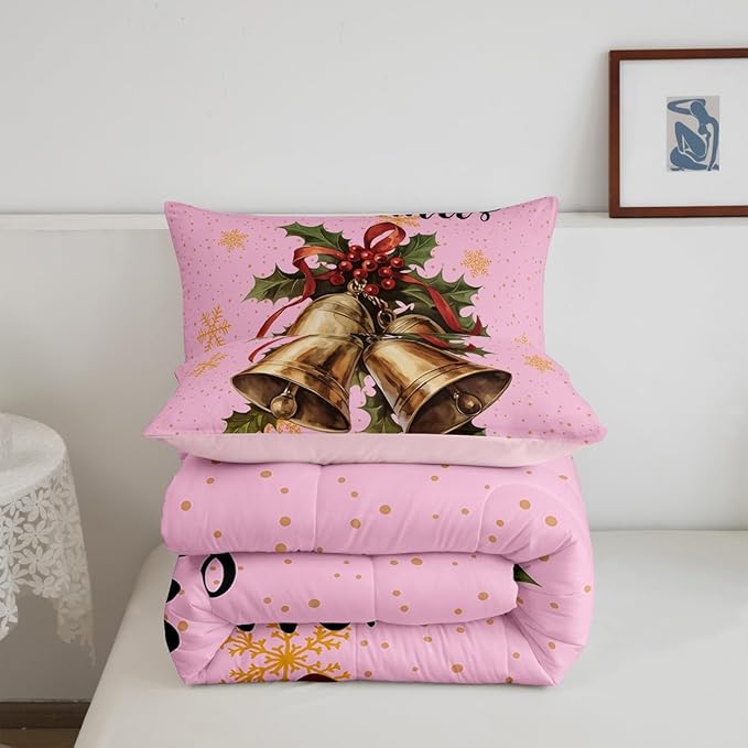 Erosebridal Merry Xmas Kids Queen Comforter Set Christmas Bell Bedding Sets for Girls Happy New Year Theme Down Comforter for Boys Teens Snowflake Quilt Set,Pink