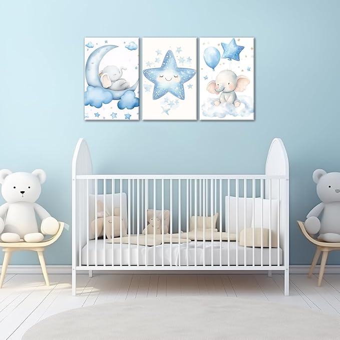Nursery Wall Art Baby Boy Wall Decor Blue Elephant Moon and Stars Painting Prints Cute Animal Canvas Poster for Kids Room Decor Framed(Baby-2,20L x 28W x 3Pcs)