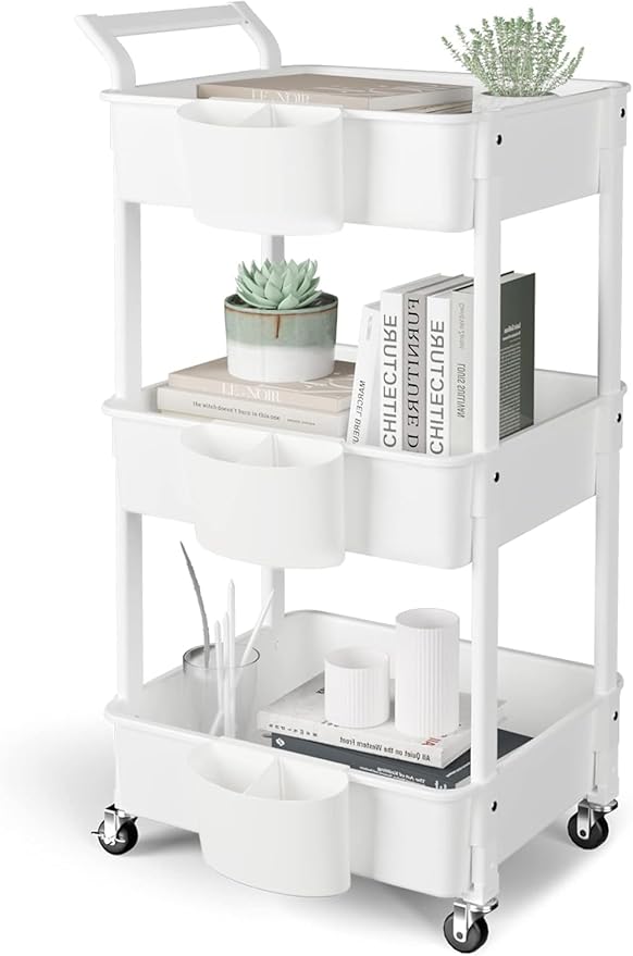 3-Tier Utility Rolling Cart,Mobile Utility Cart with Lockable Caster Wheels,Storage Shelves Organizer Cart, 3 Hanging Baskets, Easy Assembly,for Bathroom, Kitchen, Office, Workshop