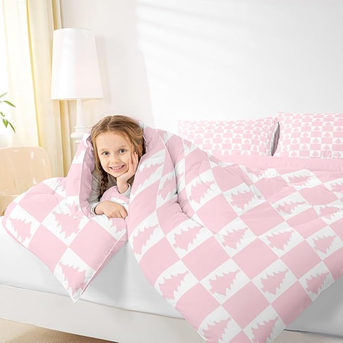 Feelyou Christmas Bedding Set Soft for Boys Girls, Checkered Comforter Set Full Size Christmas Tree Duvet Quilt Microfiber Xmas Decorations Bedroom Decor Pink 3 Pcs with 2 Pillow Cases