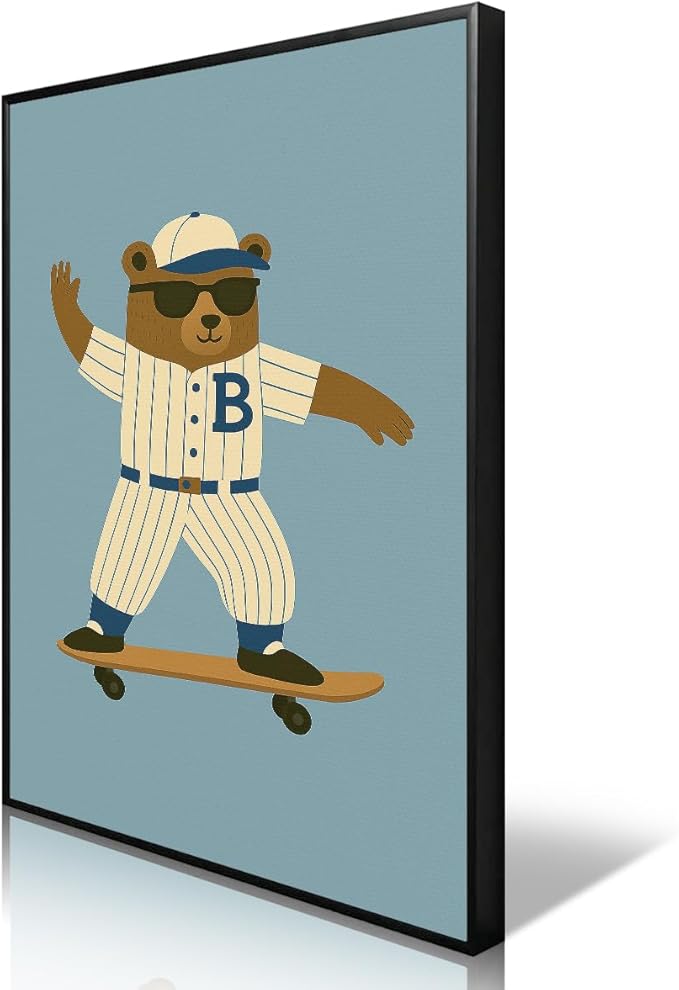Skateboard Canvas Wall Art, Nursery Animal Sports Posters, Fashion Sunglasses Bear Athletes Pictures, No.1 Kiddo Inspirational Quote Print, Funny Skateboard Rabbit Dog Painting 16x24in Framed