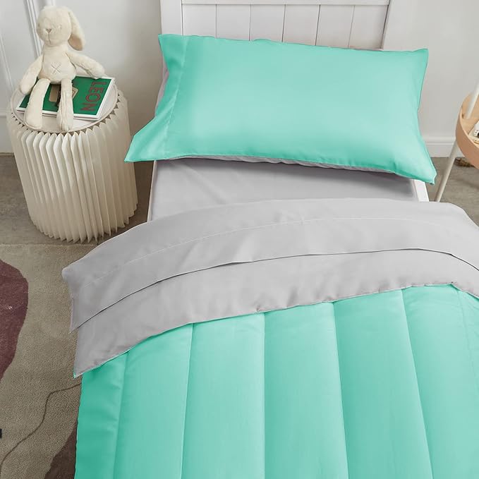UOZZI BEDDING 4 Pieces Toddler Bedding Set Ultra Soft and Breathable Toddler Sheet Set - Includes Comforter, Flat Sheet, Fitted Sheet and Pillowcase - Teal/Green & Gray