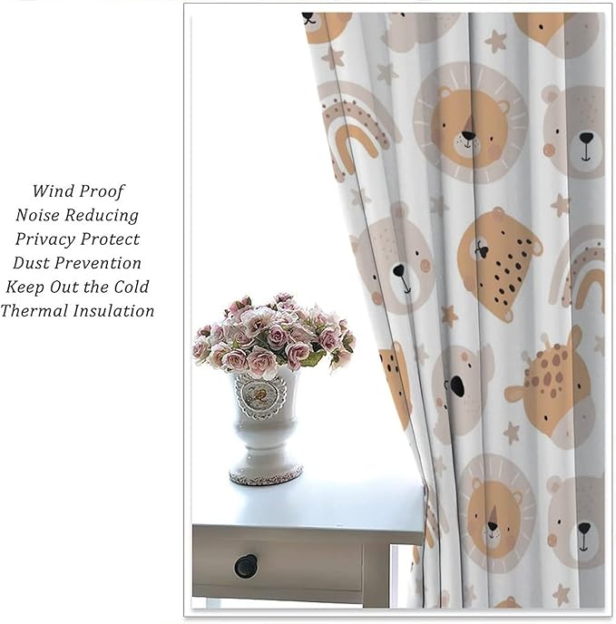 Cartoon Boho Animal Curtains,Funny Forest Safari Print,Cute African Wildlife Koala Giraffe Lion Leopard Bear Rainbow Blackout Window Drapes for Boys Girls Kids Baby Child Bedroom 63x63in