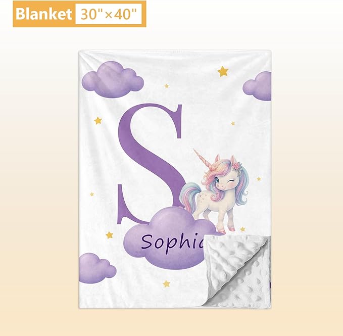 5 Piece Customized Crib Bedding Set for Girls - Custom Name Baby Crib Purple Unicorn Nursery Bedding Set with Soft Blanket, Fitted Sheet, Rug, Personalized Gifts for Toddlers, Newborns, Infants
