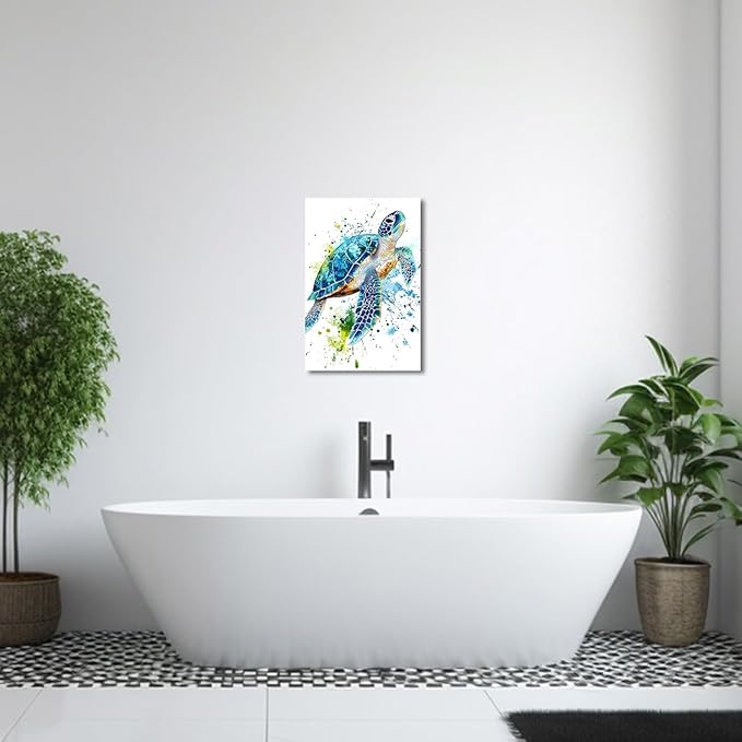 AWPANERAR Sea Turtle Wall Art Bathroom Pictures Watercolor Sea Life Canvas Prints Ocean Animal Poster Nautical Theme Artwork for Kids Room Nursery Decor Framed (White, (30L x 20W))