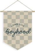 Boys Room Decor, Long Live Boyhood Boy Nursery Linen Canvas Banner, Grey Checkered Wall Hanging Pennant Flag Banner for Boys Nursery Kids Toddler Room Bedroom Playroom Decor, 15x11in